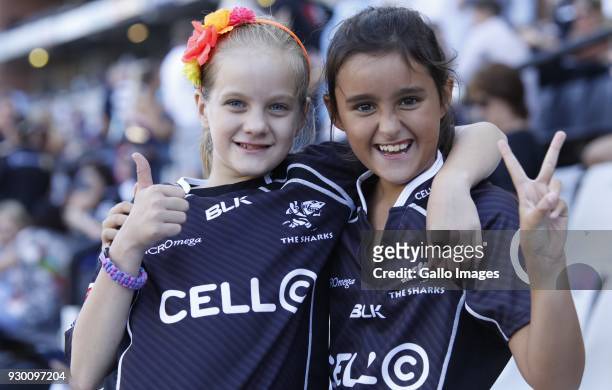 Fans attend the Super Rugby match between Cell C Sharks and Sunwolves at Jonsson Kings Park Stadium on March 10, 2018 in Durban, South Africa.
