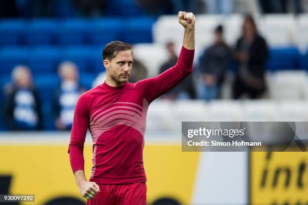 Goalkeeper Oliver Baumann of Hoffenheim celebrates winning during the Bundesliga match between TSG 1899 Hoffenheim and VfL Wolfsburg at Wirsol...