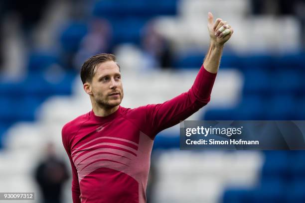 Goalkeeper Oliver Baumann of Hoffenheim celebrates winning during the Bundesliga match between TSG 1899 Hoffenheim and VfL Wolfsburg at Wirsol...