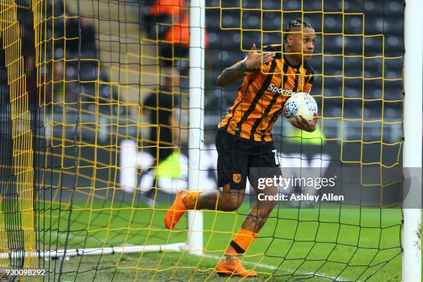 Abel Hernandez of Hull City picks the ball up out of the net after scoring a penalty during the Sky Bet Championship match between Hull City and...