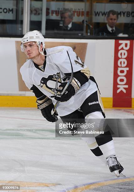 Christopher Bourque of the Pittsburgh Penguins during warm-ups against the Boston Bruins at the TD Garden on November 10, 2009 in Boston,...