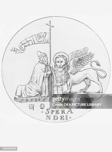 Medal depicting the 74th Doge of Venice Agostino Barbarigo kneeling before the winged lion of Saint Mark, by Sperandio Savelli , engraving, Italy.