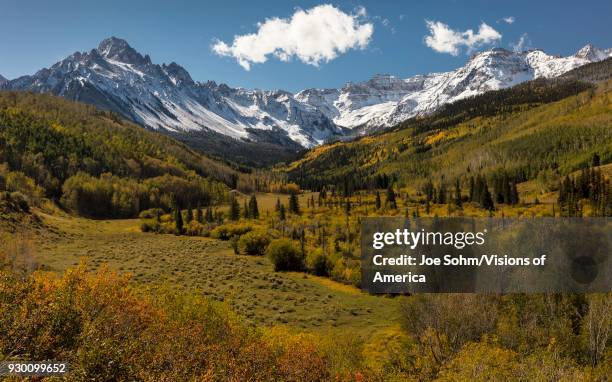 Autumn color leads to Mount Sneffels and San Juan Mountains in Autumn, outside Ridgway, Colorado.