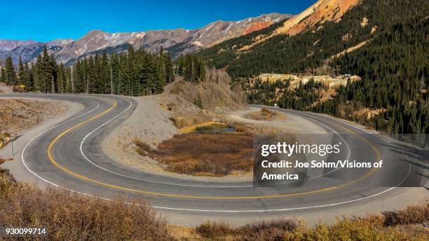 'Circular elevated view of Colorado State Highway 550, known as 'Million Dollar Highway' threads its way from Silverton to Ouray.