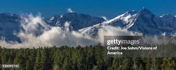 View of San Juan Mountains with clouds below peaks outside Ridgway, Colorado.