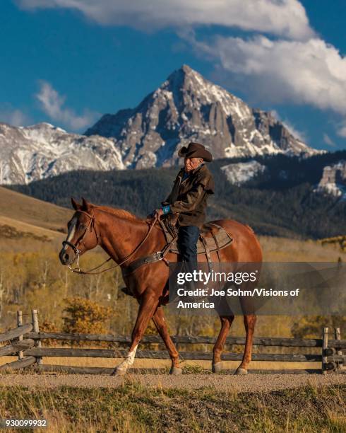 Older Cowboy, Howard Linscott , leads packhorse across historic Last Dollar Ranch on Hastings Mesa, SW Colorado, San Juan Mountains.