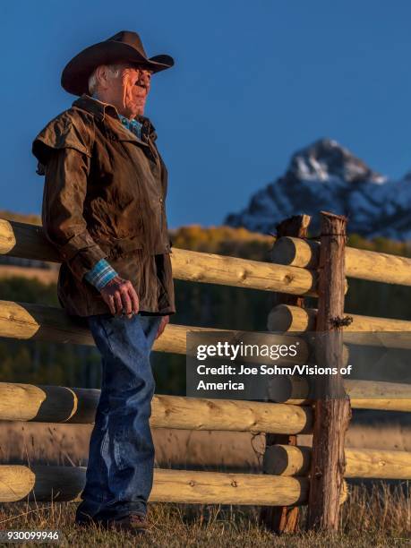 Cowboy, Howard Linscott looks out over historic Last Dollar Ranch on Hastings Mesa, SW Colorado, San Juan Mountains.