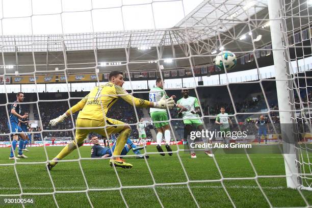 Joshua Guilavogui of Wolfsburg scores and own goal to make it 3:0 during the Bundesliga match between TSG 1899 Hoffenheim and VfL Wolfsburg at Wirsol...