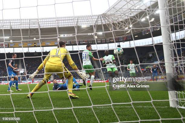 Joshua Guilavogui of Wolfsburg scores and own goal to make it 3:0 during the Bundesliga match between TSG 1899 Hoffenheim and VfL Wolfsburg at Wirsol...