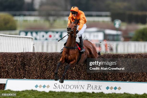 Chester Williams riding Diamnat Bleu clear the last to win The Matchbook Betting Podcast Novices' Limited Handicap Chase at Sandown Park racecourse...