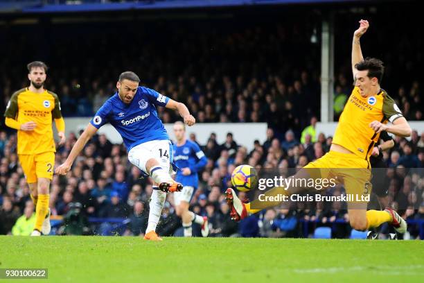 Cenk Tosun of Everton scores his side's second goal during the Premier League match between Everton and Brighton and Hove Albion at Goodison Park on...