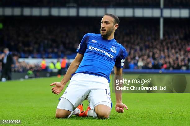 Cenk Tosun of Everton celebrates scoring his side's second goal during the Premier League match between Everton and Brighton and Hove Albion at...