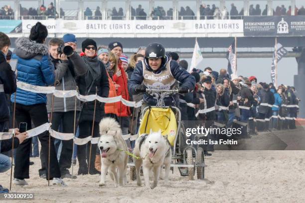 Andre Tegeler alias DJ Moguai runs with sled dogs during the 'Baltic Lights' charity event on March 10, 2018 in Heringsdorf, Germany. The annual...