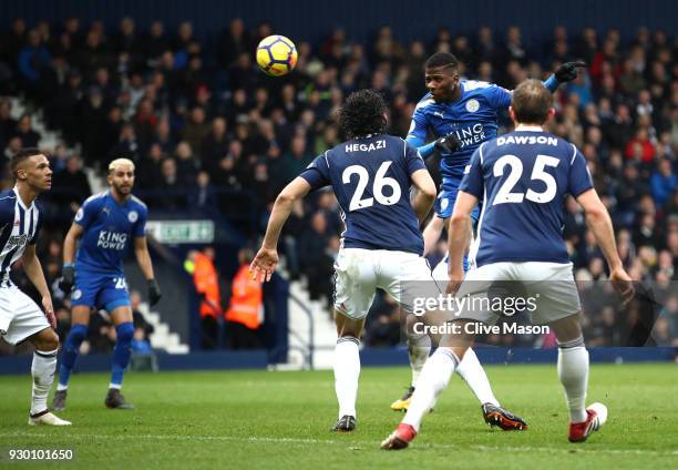 Kelechi Iheanacho of Leicester City scores his side's third goal during the Premier League match between West Bromwich Albion and Leicester City at...