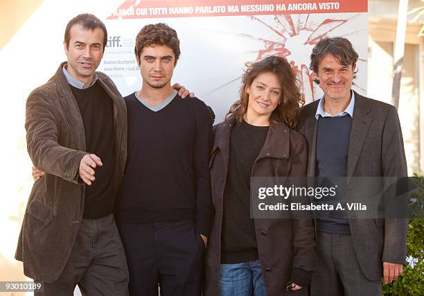 Producer Andrea Occhipinti, actors Riccardo Scamarcio, Giovanna Mezzogiorno and director Renato De Maria attend 'La Prima Linea' photocall at Bernini...