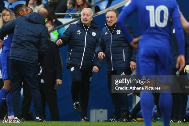 Cardiff City manager Neil Warnock protests after a foul on Junior Hoilett of Cardiff City during the Sky Bet Championship match between Cardiff City...