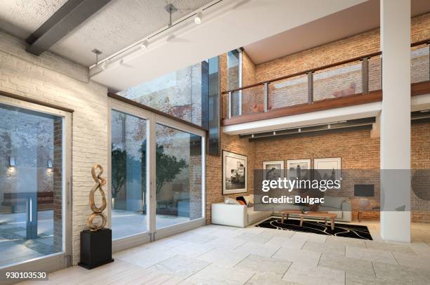 modern loft apartment interior - painted brick house stock pictures, royalty-free photos & images