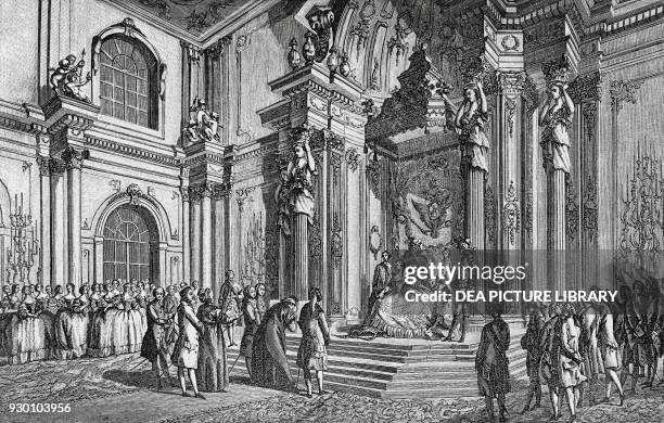 Catherine the Great receiving the Turkish embassy at the Winter Palace in Saint Petersburg, October 14 Russia, engraving, 18th century.