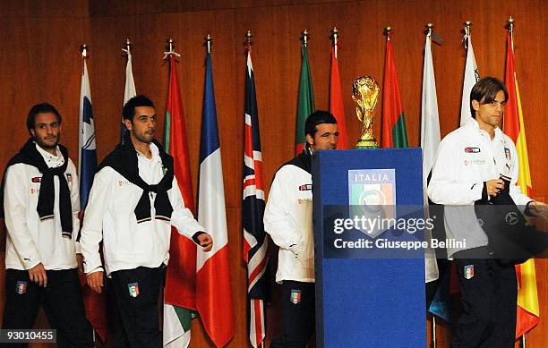 Alberto Gilardino, Raffaele Palladino, Antonio Di Natale and Daniele Galloppa during the Italy national soccer team visit to earthquake striken areas...