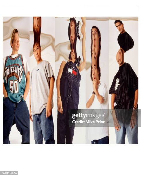 Distorted studio group protrait session of American boy band the Backstreet boys L-R Nick Carter, Brian Littrell, AJ McLean, Howie Dorough and Kevin...