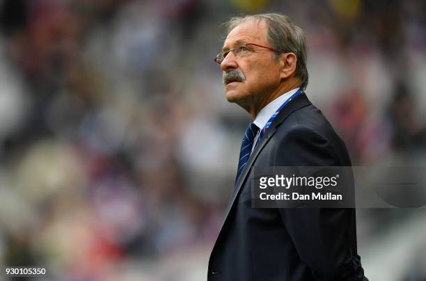 Jacques Brunel, Head coach of France looks on prior to the NatWest Six Nations match between France and England at Stade de France on March 10, 2018...