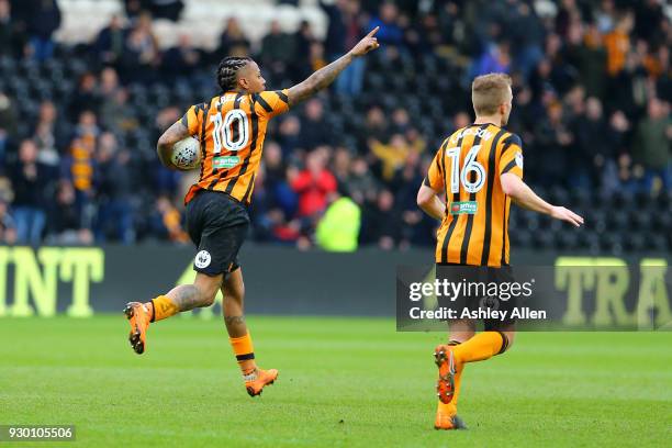 Abel Hernandez of Hull City celebrates after scoring during the Sky Bet Championship match between Hull City and Norwich City at KCOM Stadium on...