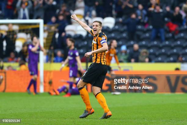 Michael Dawson captain of Hull City celebrates a goal during the Sky Bet Championship match between Hull City and Norwich City at KCOM Stadium on...