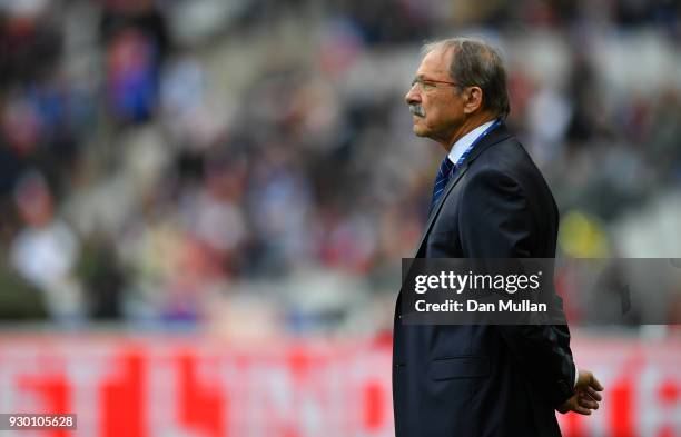 Jacques Brunel, Head coach of France looks on prior to the NatWest Six Nations match between France and England at Stade de France on March 10, 2018...