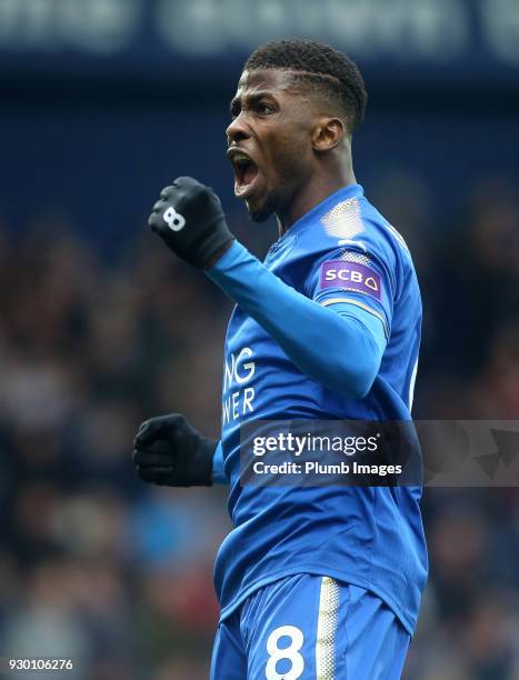 Kelechi Iheanacho of Leicester City celebrates after scoring to make it 1-3 during the Premier League match between West Bromwich Albion and...