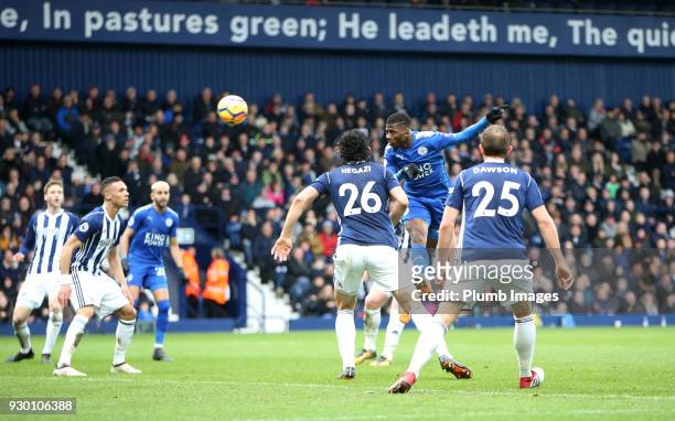 Kelechi Iheanacho of Leicester City heads the ball home to make it 1-3 during the Premier League match between West Bromwich Albion and Leicester...