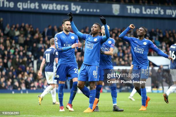 Kelechi Iheanacho of Leicester City celebrates after scoring to make it 1-3 during the Premier League match between West Bromwich Albion and...