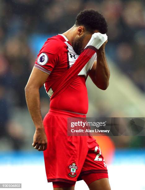 Nathan Redmond of Southampton look dejected after the Premier League match between Newcastle United and Southampton at St. James Park on March 10,...