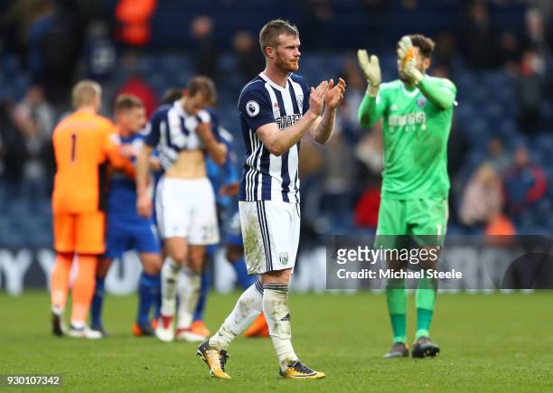 Chris Brunt of West Bromwich Albion applauds fans after the Premier League match between West Bromwich Albion and Leicester City at The Hawthorns on...