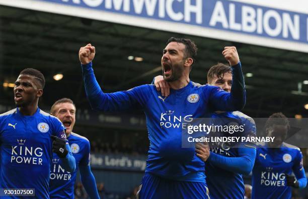 Leicester City's Spanish midfielder Vicente Iborra celebrates scoring his team's fourth goal during the English Premier League football match between...