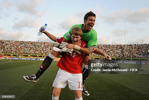 Benjamin Siegrist and Sead Hajrovic of Switzerland celebrate their place in the Final during the FIFA U17 World Cup Semi-Final 1 between Colombia and...