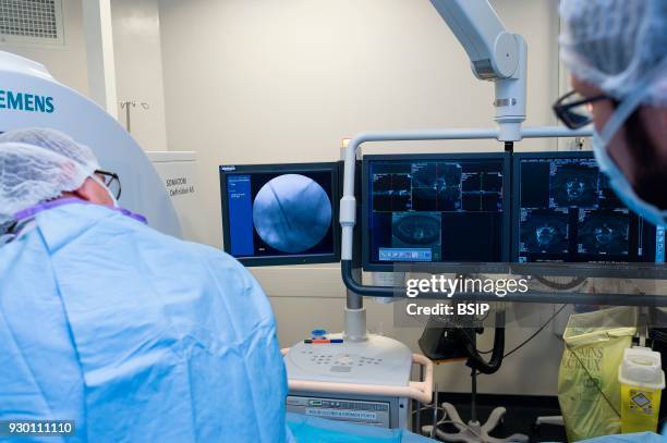 Interventional scanner service, Pasteur 2 Hospital, Nice, France, Vertebroplasty, cementoplasty operation to treat a vertebral facture, technique...