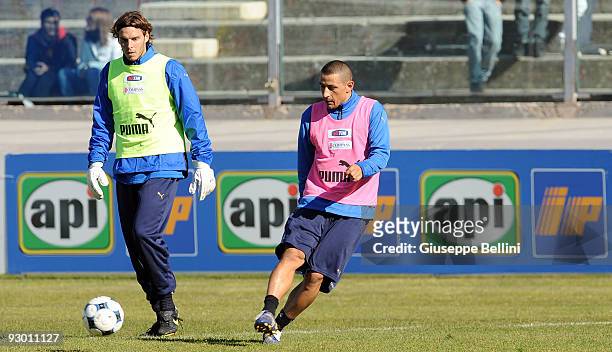 Federico Marchetti and Angelo Palombo in action during the Italy training session at Stadio Tommaso Fattori on November 12, 2009 in L'Aquila, Italy.