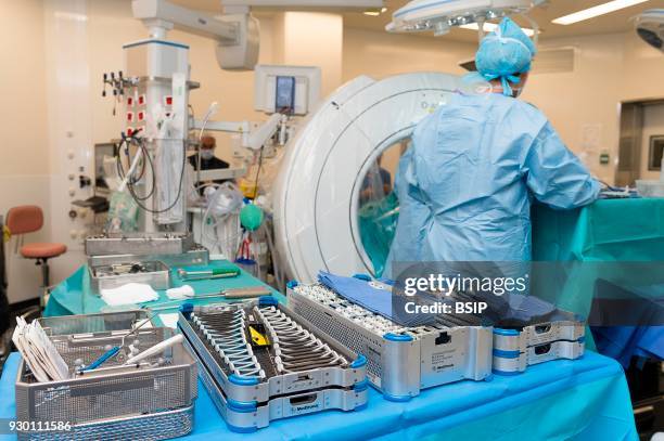 Orthopedic operating theatre, Pasteur 2 Hospital, Nice, France, Medullary liberation and arthrodesis, patient suffering from lumbar stenosis caused...