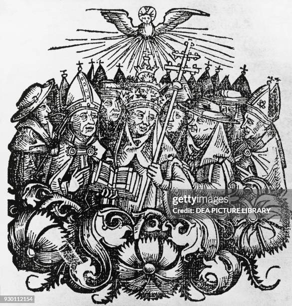 Pope Martin V , whose election in 1417 ended the Western Schism, surrounded by Cardinals and Bishops of the Council of Constance, woodcut from Liber...