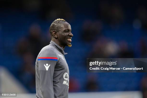 Crystal Palace's Mamadou Sakho during the pre-match warm-up during the Premier League match between Chelsea and Crystal Palace at Stamford Bridge on...