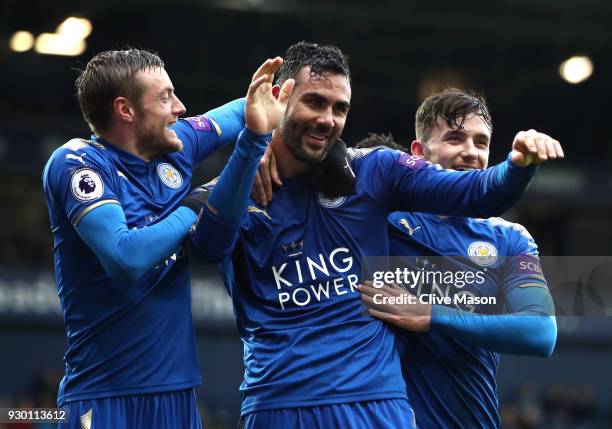 Vicente Iborra of Leicester City celebrates after scoring his sides fourth goal with Jamie Vardy of Leicester City and Ben Chilwell of Leicester City...