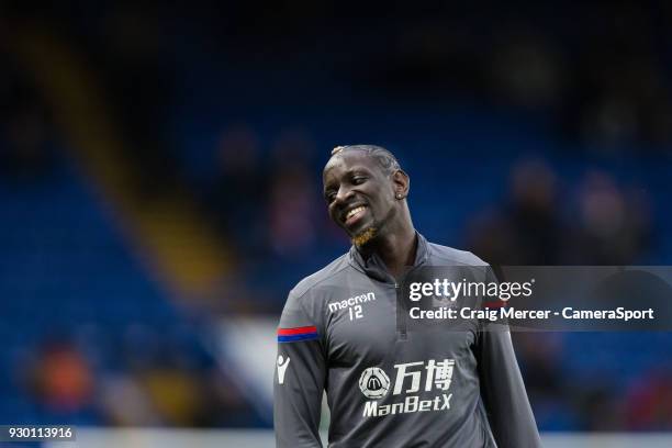 Crystal Palace's Mamadou Sakho during the pre-match warm-up during the Premier League match between Chelsea and Crystal Palace at Stamford Bridge on...