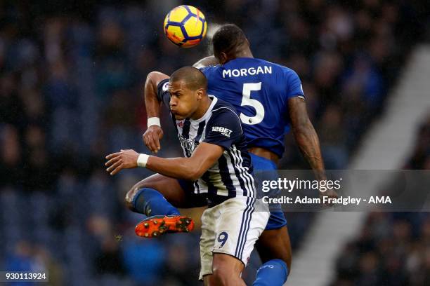 Salomon Rondon of West Bromwich Albion and Wes Morgan of Leicester City\ during the Premier League match between West Bromwich Albion and Leicester...