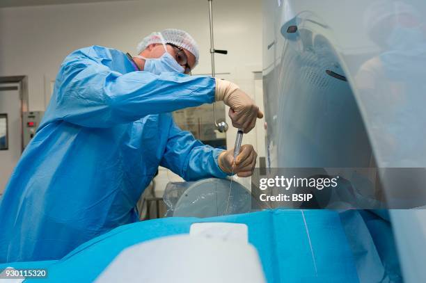 Interventional scanner service, Pasteur 2 Hospital, Nice, France, Vertebroplasty, cementoplasty operation to treat a vertebral facture, technique...