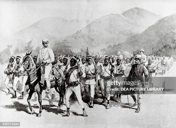 Italian reconnaissance battalion with indigenous soldiers before the Battle of Adwa Ethiopia, First Italo-Ethiopian War, engraving, 19th century.