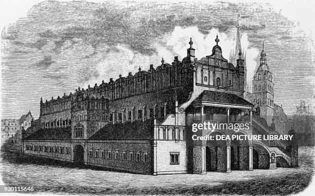 View of the Main Square with the Krakow Cloth Hall, Poland, engraving.