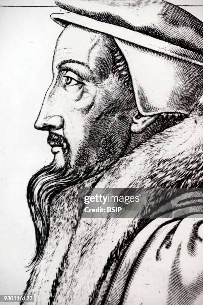 John Calvin in an engraving by Rene Boyvin. Geneva. Switzerland.