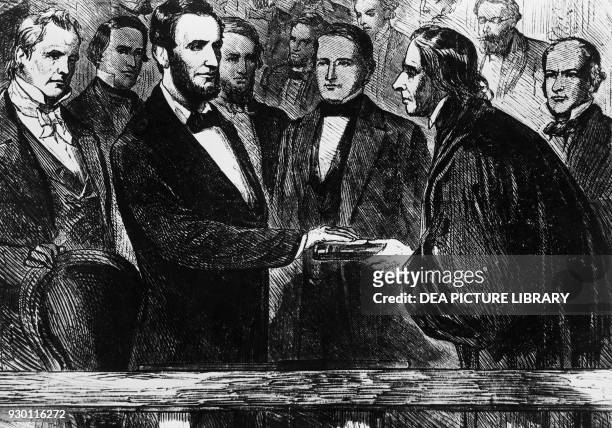 The second inauguration of Abraham Lincoln taking the oath of office as the 16th president of the United States in Washington, March 4 engraving,...