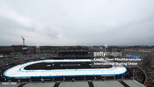 General view of Ida Njatun of Norway and Evgeniia Lalenkova of Russia as they compete in the 1500m Ladies race during the World Allround Speed...