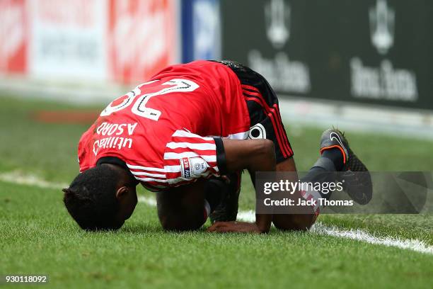 Joel Asoro of Sunderland reacts during the Sky Bet Championship match between Queens Park Rangers and Sunderland at Loftus Road on March 10, 2018 in...